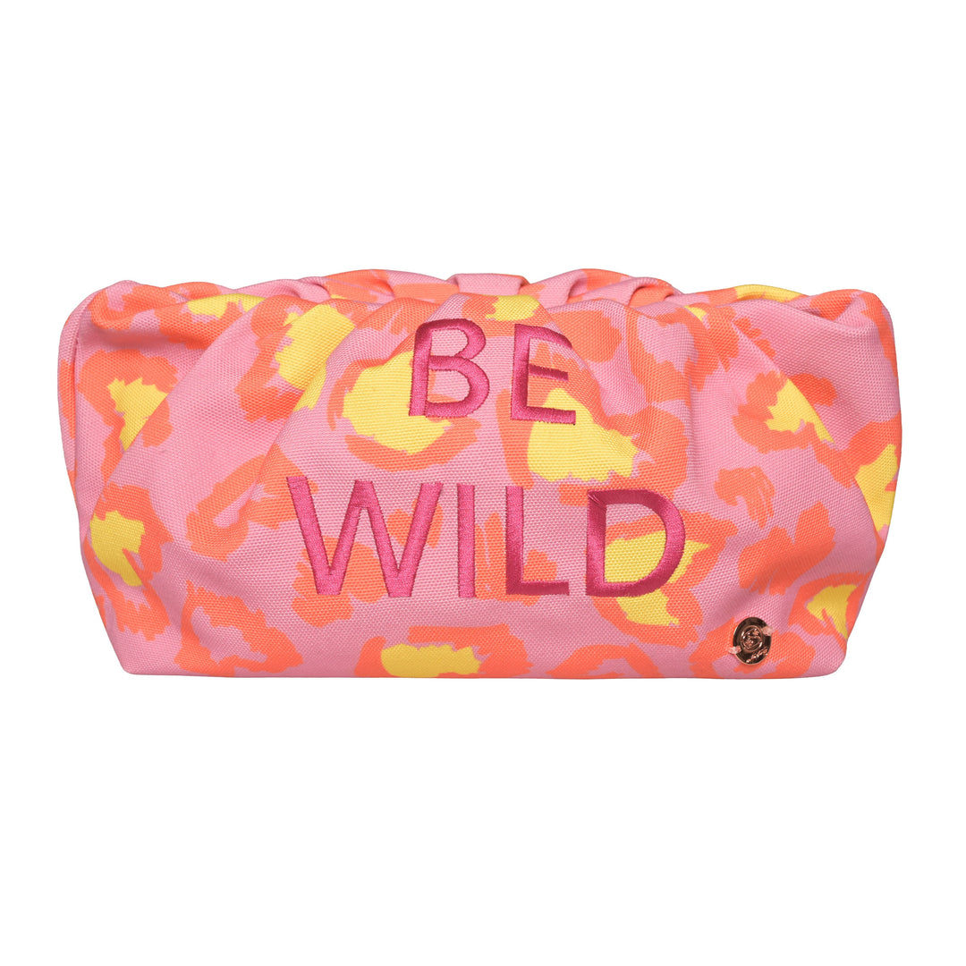 Pinke Crunchy Clutch mit Leo-Print und Klappverschluss, kleine Damentasche für Smartphone, Schlüssel, Beauty-Essentials und Portemonnaie