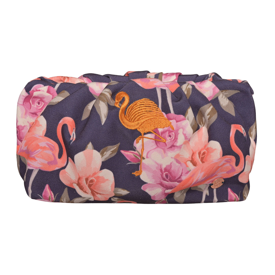 Crunchy Clutch aus Polyester in Nachtblau mit feinem Flamingo-Print und Klappverschluss, elegante Damentasche für Abend, Dinner und Parties.
