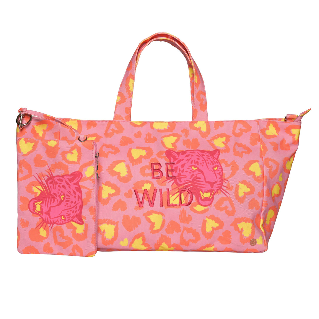 XL Tasche mit Leoprint und heraus nehmbarer Extra-Clutch, idela als Sporttasche, Strandtasche oder Reisetasche in der Farbe Pink