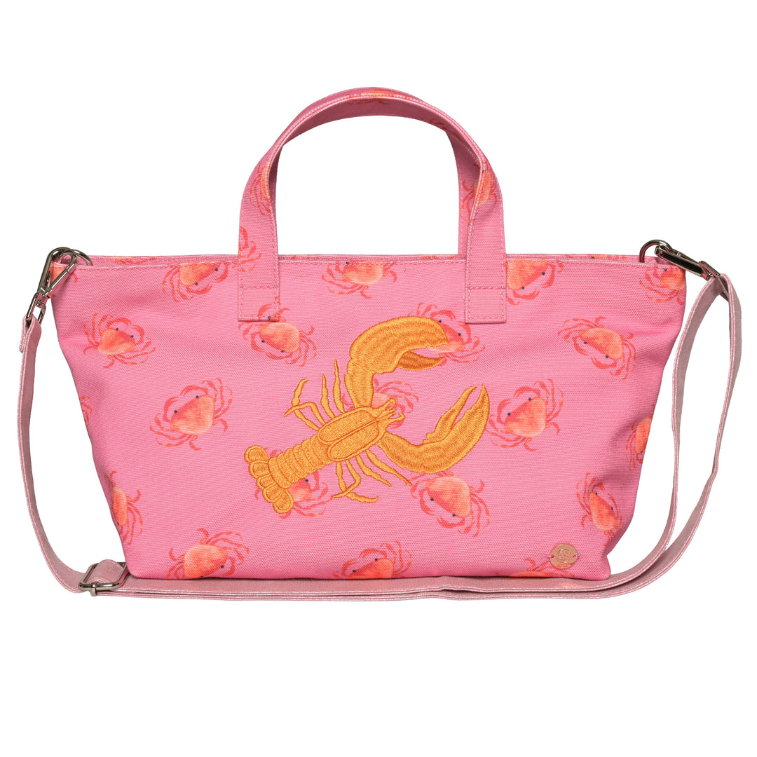Praktische Damenhandtasche mit Tragehenkeln und abnehmbarem Tragegurt mit maritimen Krebse-Lopster-Print in der Farbe Pink
