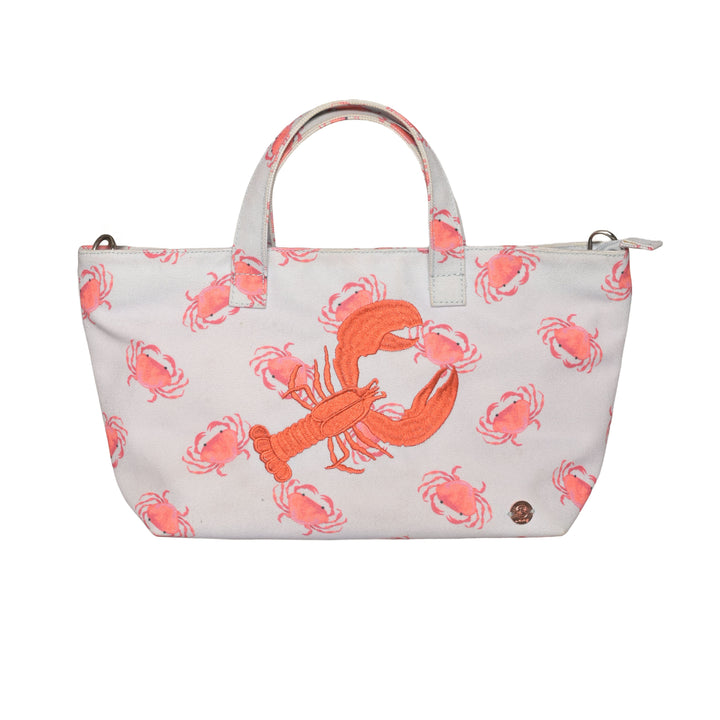 Praktische Damenhandtasche mit Tragehenkeln und abnehmbarem Tragegurt mit maritimen Krebse-Lopster-Print in der Farbe Frosty (Hellblau)