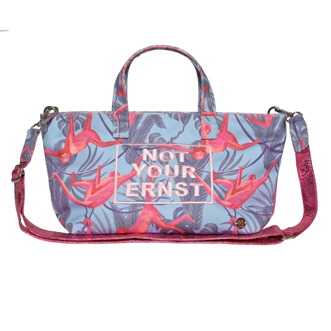Praktische Damenhandtasche mit Monkey-Print und Statement-Druck Not Your Ernst mit Tragehenkeln und abnhembaren Tragegurt n der Farbe Arctic