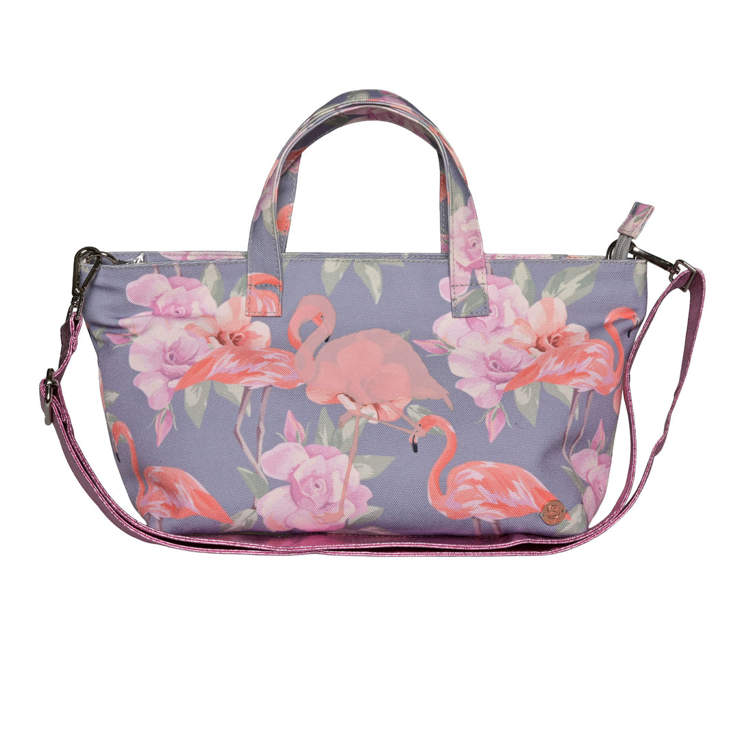 Handtasche für Damen mit feinem Flamingo-Print, Tragehenkeln und abwaschbar in der Farbe Grau