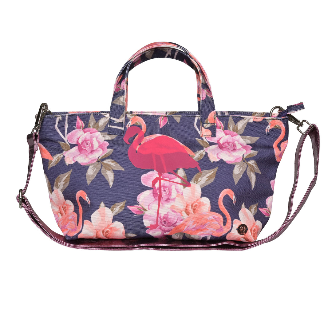 Praktische Damenhandtasche mit Tragehenkeln und abnehmbarem Tragegurt mit aufgedruckten Flamingo in der Farbe Nachtblau