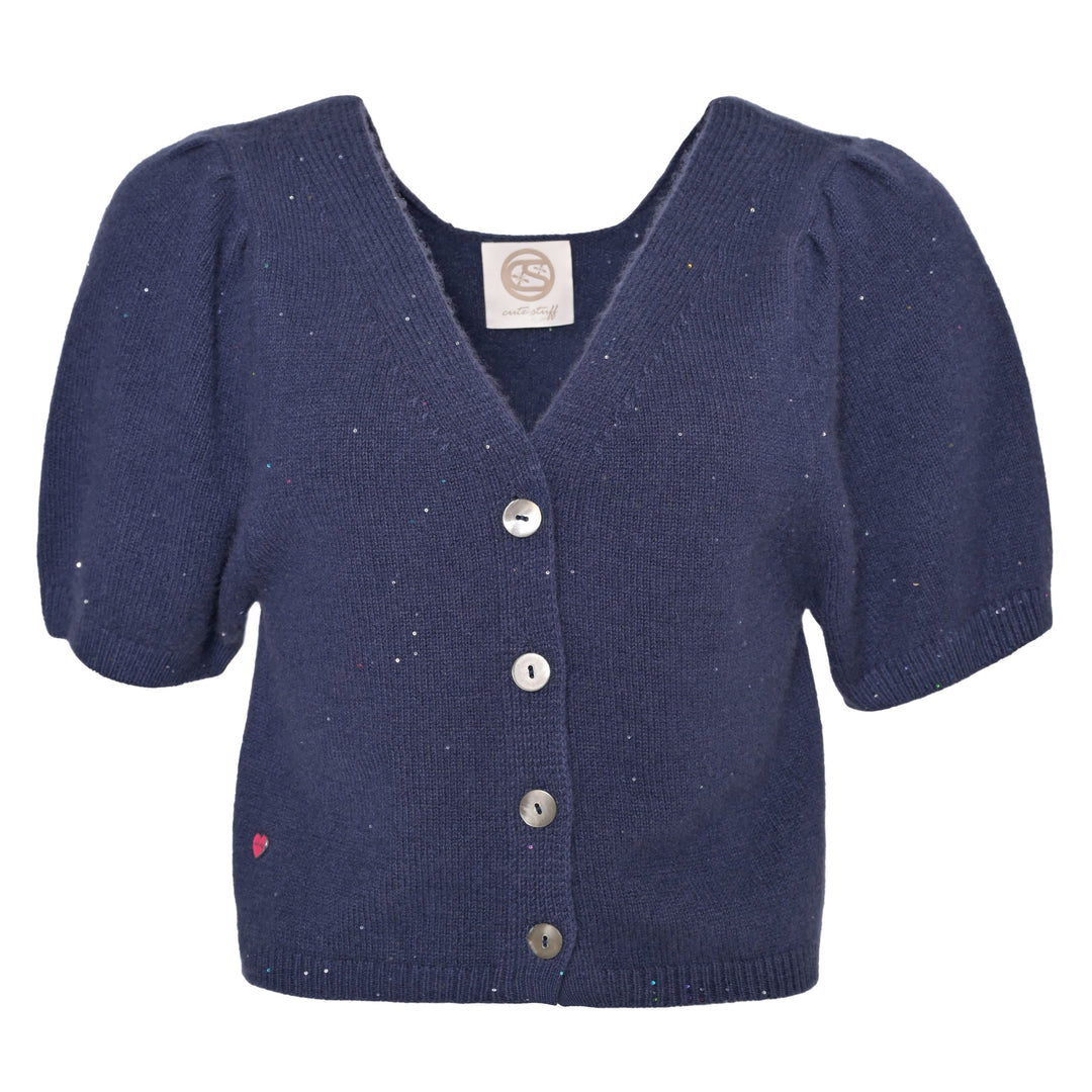Blauer Kaschmir-Cardigan Luca-cs mit eingearbeiteten Pailletten, V-Ausschnitt, kurzen Ballonärmeln und Cropped-Schnitt