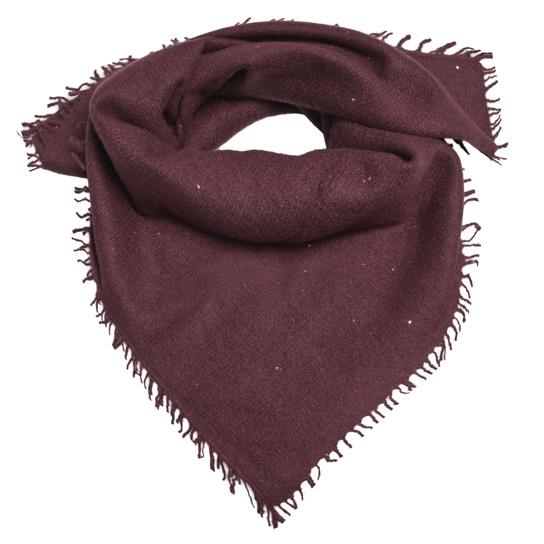 Kaschmir-Bandana Adele-cs in Dark Choc aus 98 % Kaschmir mit eingearbeiteten Pailletten und Fransensaum, 65 x 65 cm
