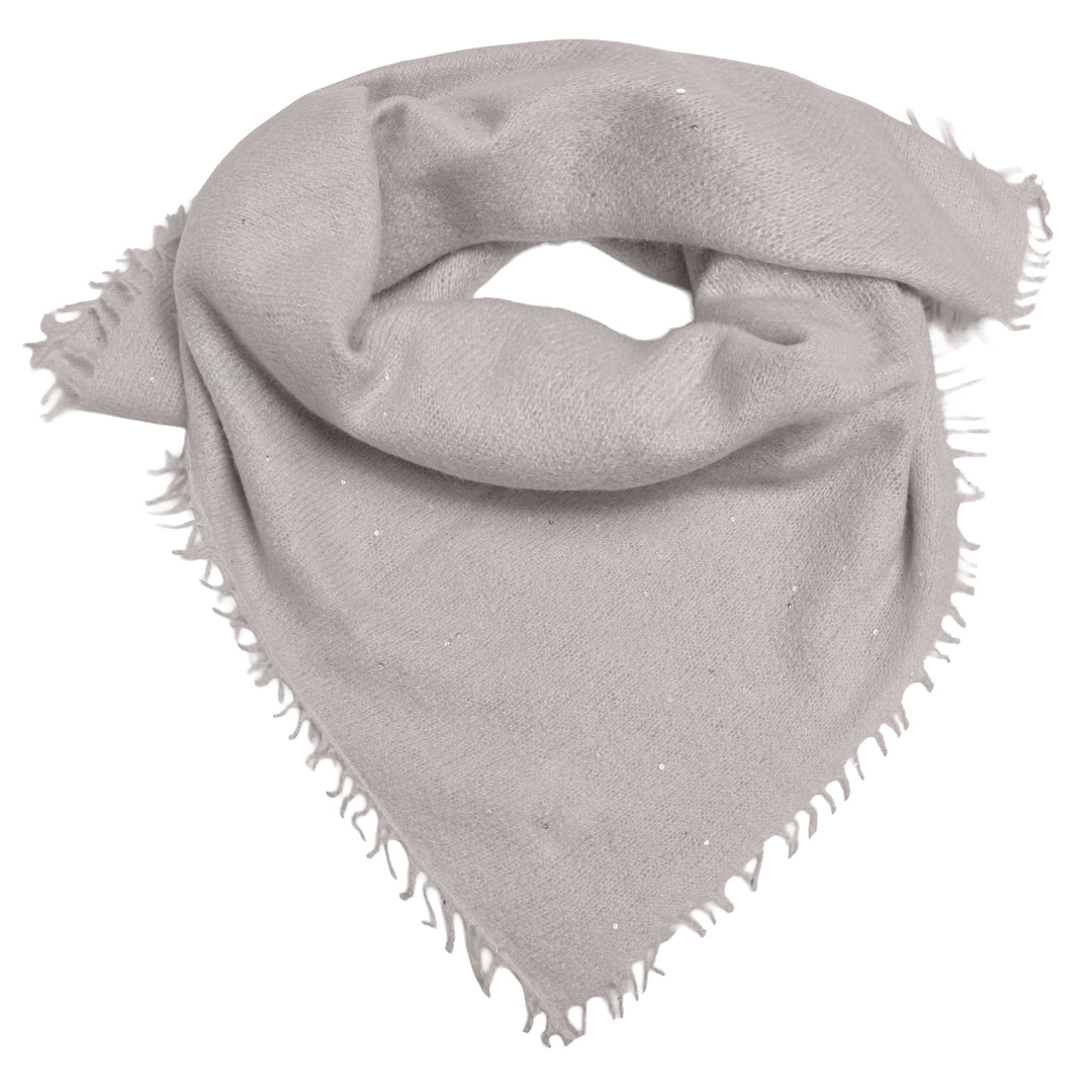 Kaschmir-Bandana Adele-cs in Hellgrau aus 98 % Kaschmir mit eingearbeiteten Pailletten und Fransensaum, 65 x 65 cm