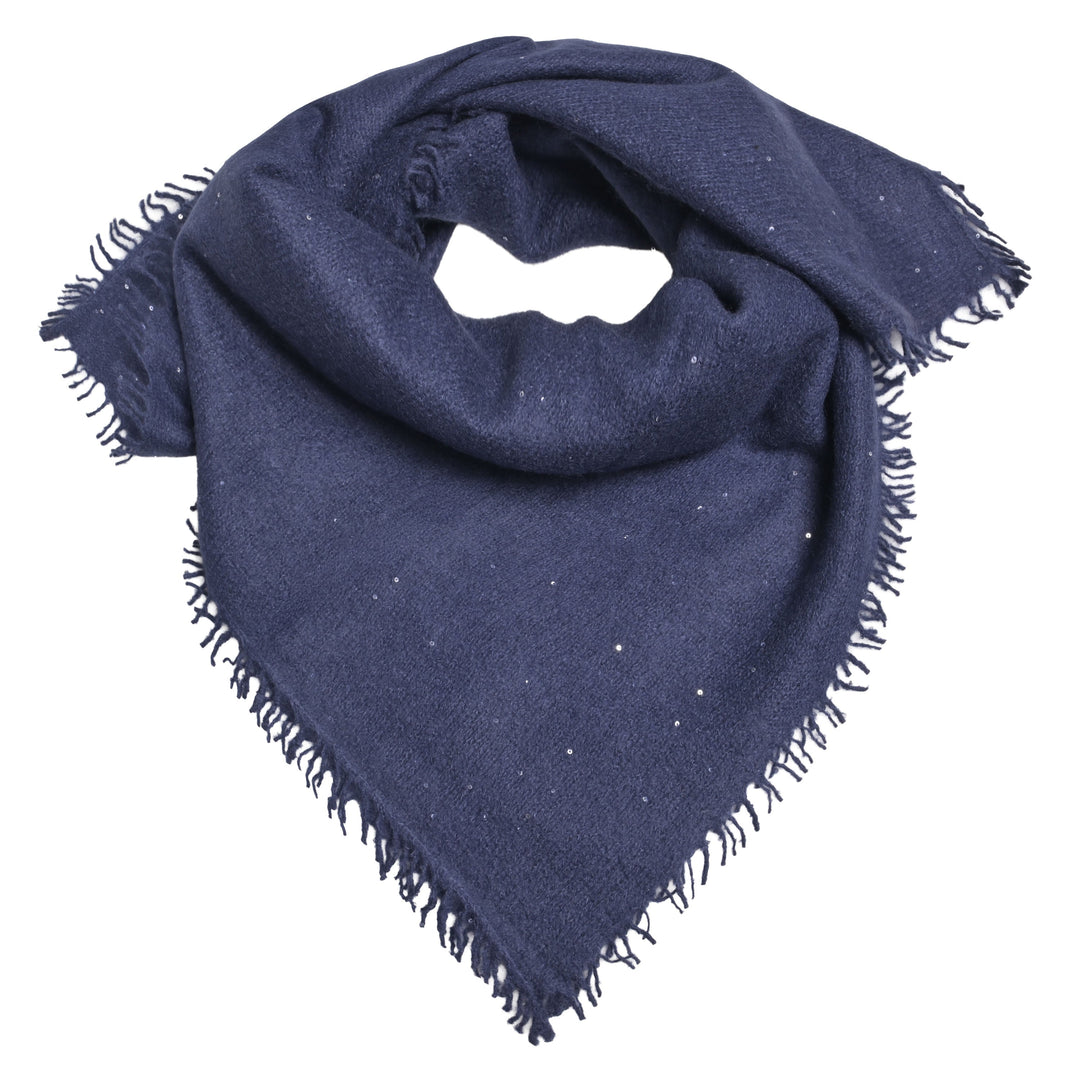 Kaschmir-Bandana Adele-cs in Nachtblau aus 98 % Kaschmir mit eingearbeiteten Pailletten und Fransensaum, 65 x 65 cm