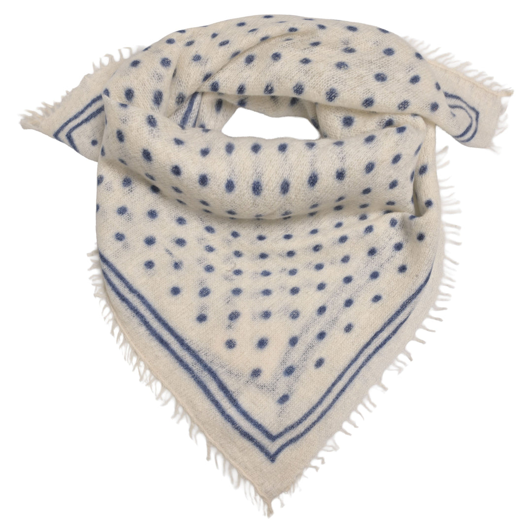 Kaschmir-Bandana „Doti“ aus 100 % Kaschmir in Creme mit aufgedruckten Punkten und Streifen in Blau von cute stuff