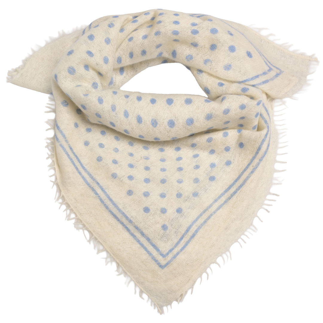 Kaschmir-Bandana „Doti“ aus 100 % Kaschmir in Creme mit aufgedruckten Punkten und Streifen in Hellblau von cute stuff