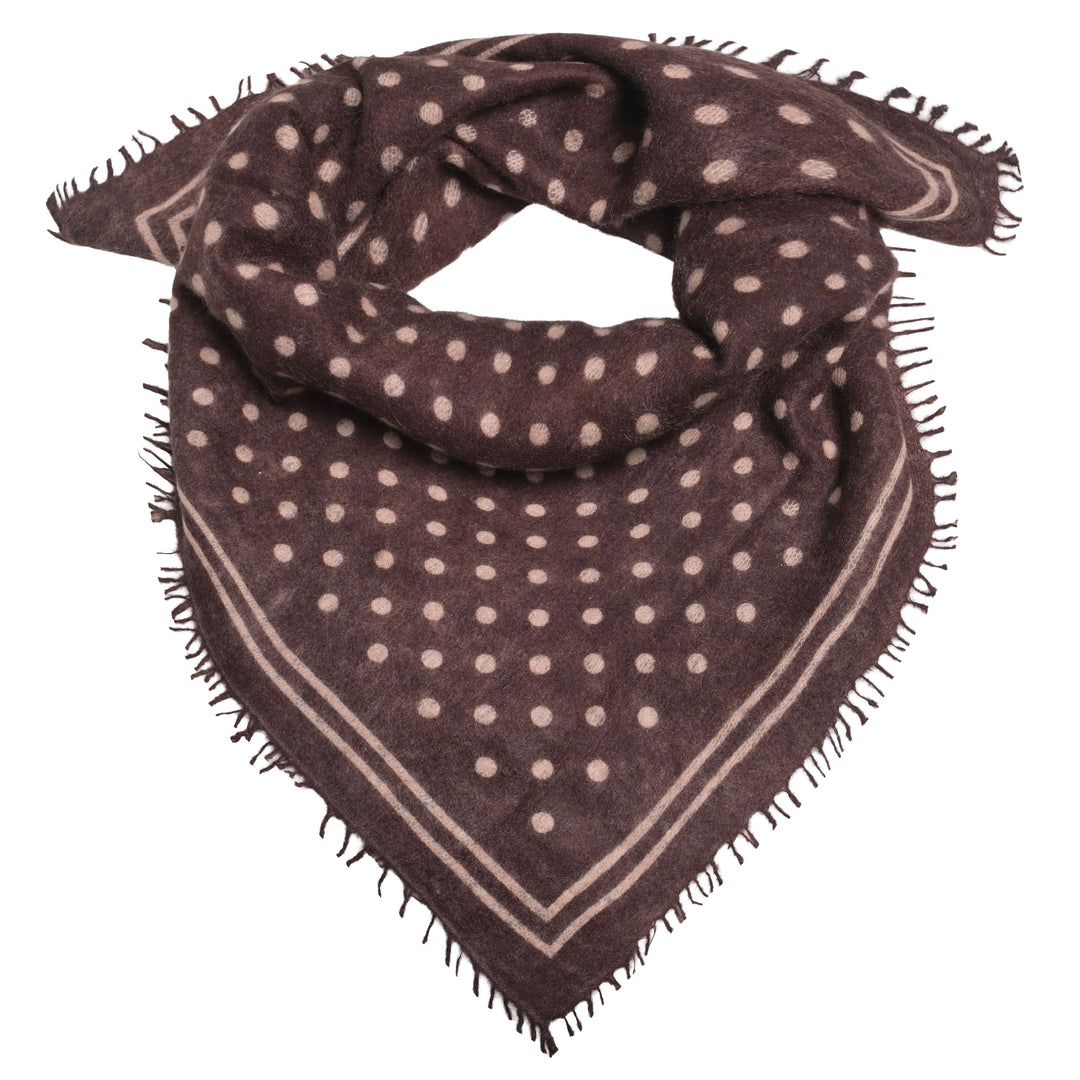 Kaschmir-Bandana „Doti“ aus 100 % Kaschmir in Dark Choc mit aufgedruckten Punkten und Streifen in Beige von cute stuff