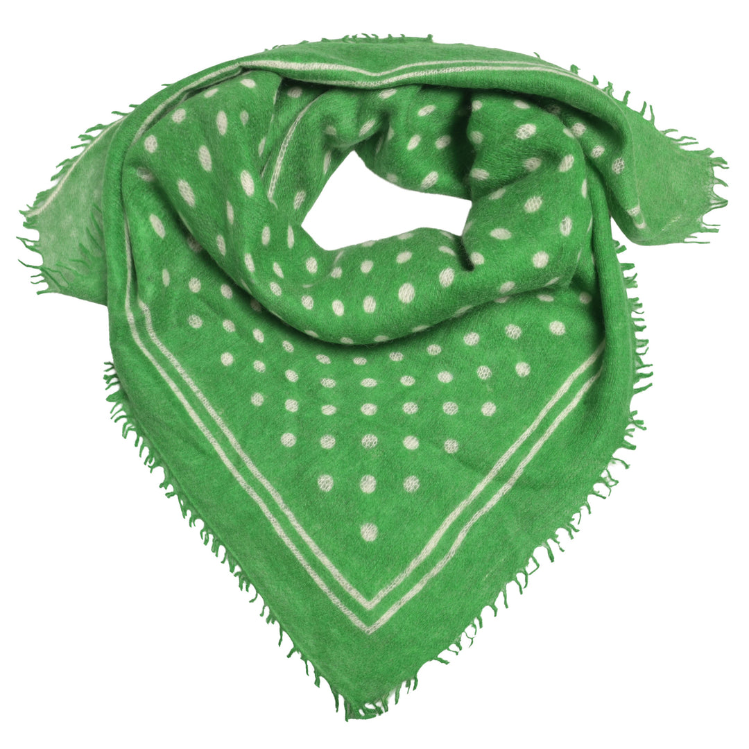 Kaschmir-Bandana „Doti“ aus 100 % Kaschmir in Grün mit aufgedruckten Punkten und Streifen in Creme von cute stuff
