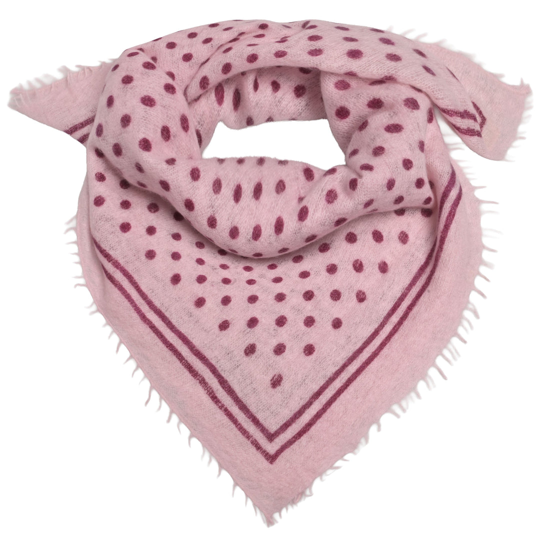 Kaschmir-Bandana „Doti“ aus 100 % Kaschmir in Hellrosa mit aufgedruckten Punkten und Streifen in Aubergine von cute stuff