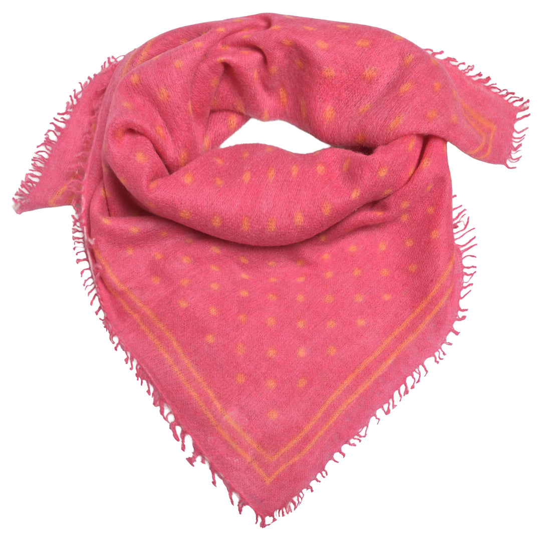 Kaschmir-Bandana „Doti“ aus 100 % Kaschmir in Pink mit aufgedruckten Punkten und Streifen in Orange von cute stuff