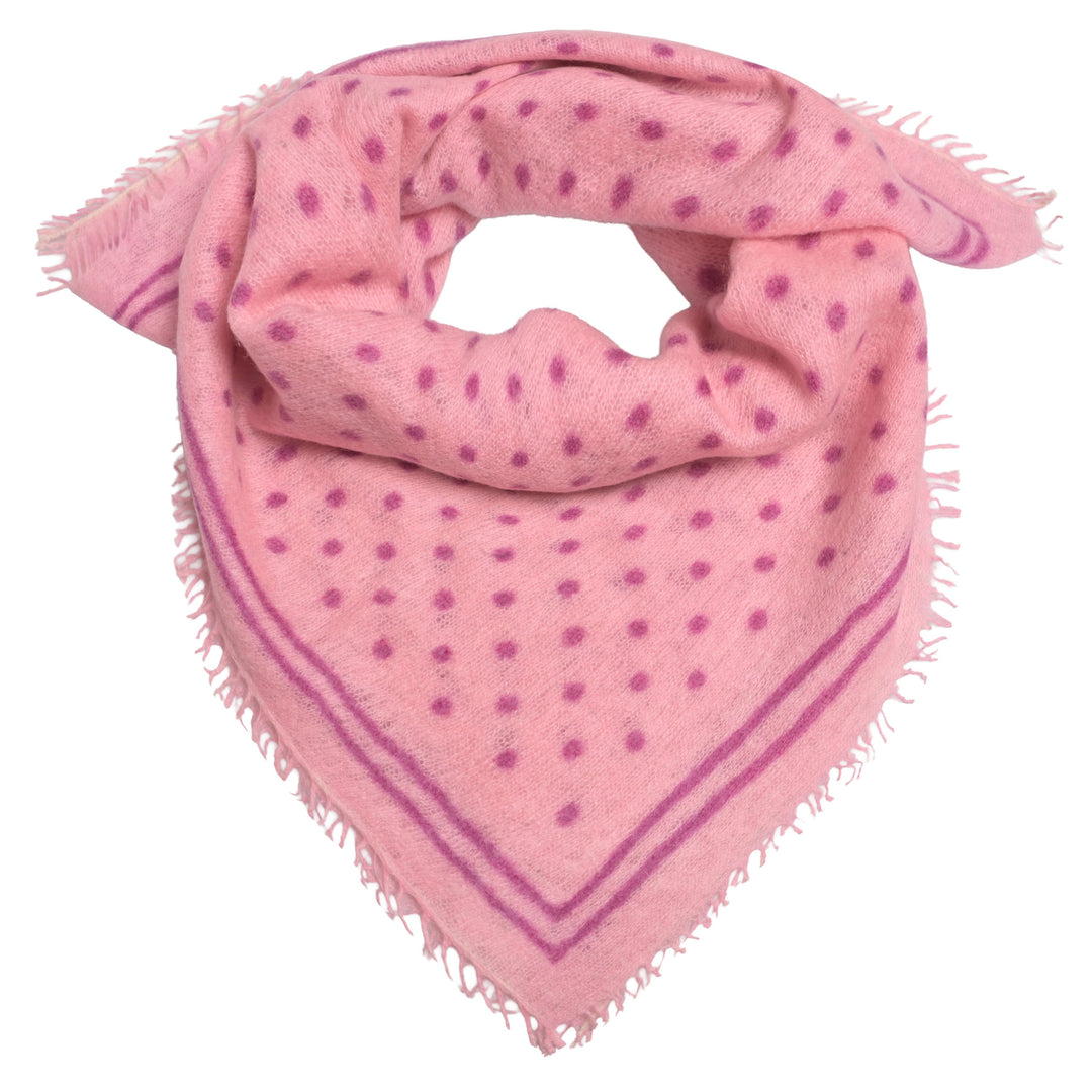 Kaschmir-Bandana „Doti“ aus 100 % Kaschmir in Rosewater mit aufgedruckten Punkten und Streifen in Lila von cute stuff