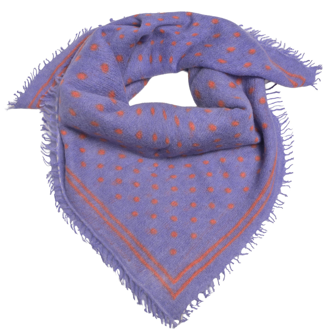Kaschmir-Bandana „Doti“ aus 100 % Kaschmir in Violet mit aufgedruckten Punkten und Streifen in Orange von cute stuff