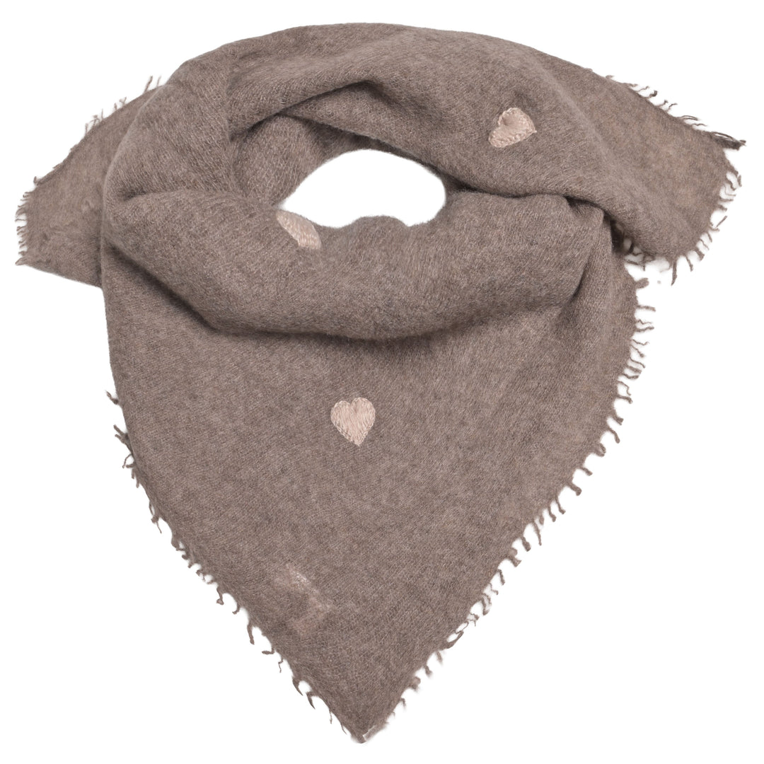 Braun meliertes Kaschmir-Bandana aus 100 % Kaschmir mit aufgestickten Herzen in Beige, 65 x 65 cm von cute stuff