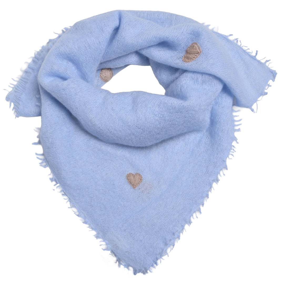 Hellblaues Kaschmir-Bandana aus 100 % Kaschmir mit aufgestickten Herzen in taupe, 65 x 65 cm von cute stuff