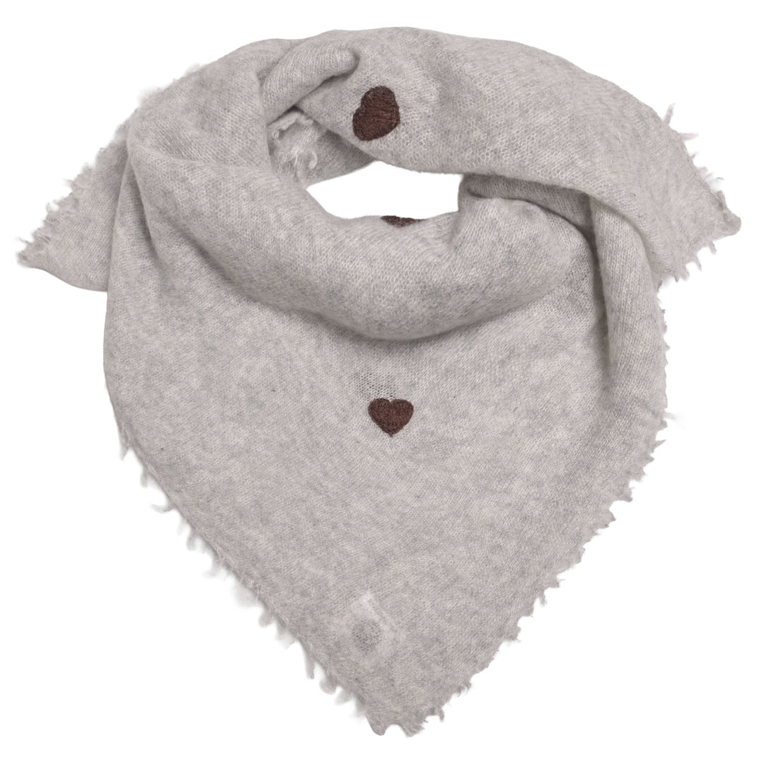 Hellgrau Meliertes Kaschmir-Bandana aus 100 % Kaschmir mit aufgestickten Herzen in Braun, 65 x 65 cm von cute stuff