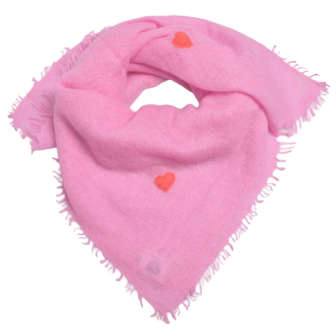 Pinkes Kaschmir-Bandana aus 100 % Kaschmir mit aufgestickten Herzen in Koralle, 65 x 65 cm von cute stuff