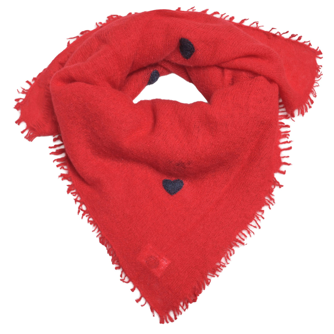 Rotes Kaschmir-Bandana aus 100 % Kaschmir mit aufgestickten Herzen in Dunkelblau, 65 x 65 cm von cute stuff