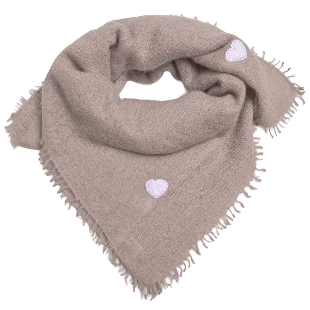  Kaschmir-Bandana in Taupe aus 100 % Kaschmir mit aufgestickten Herzen in Weiß, 65 x 65 cm von cute stuff