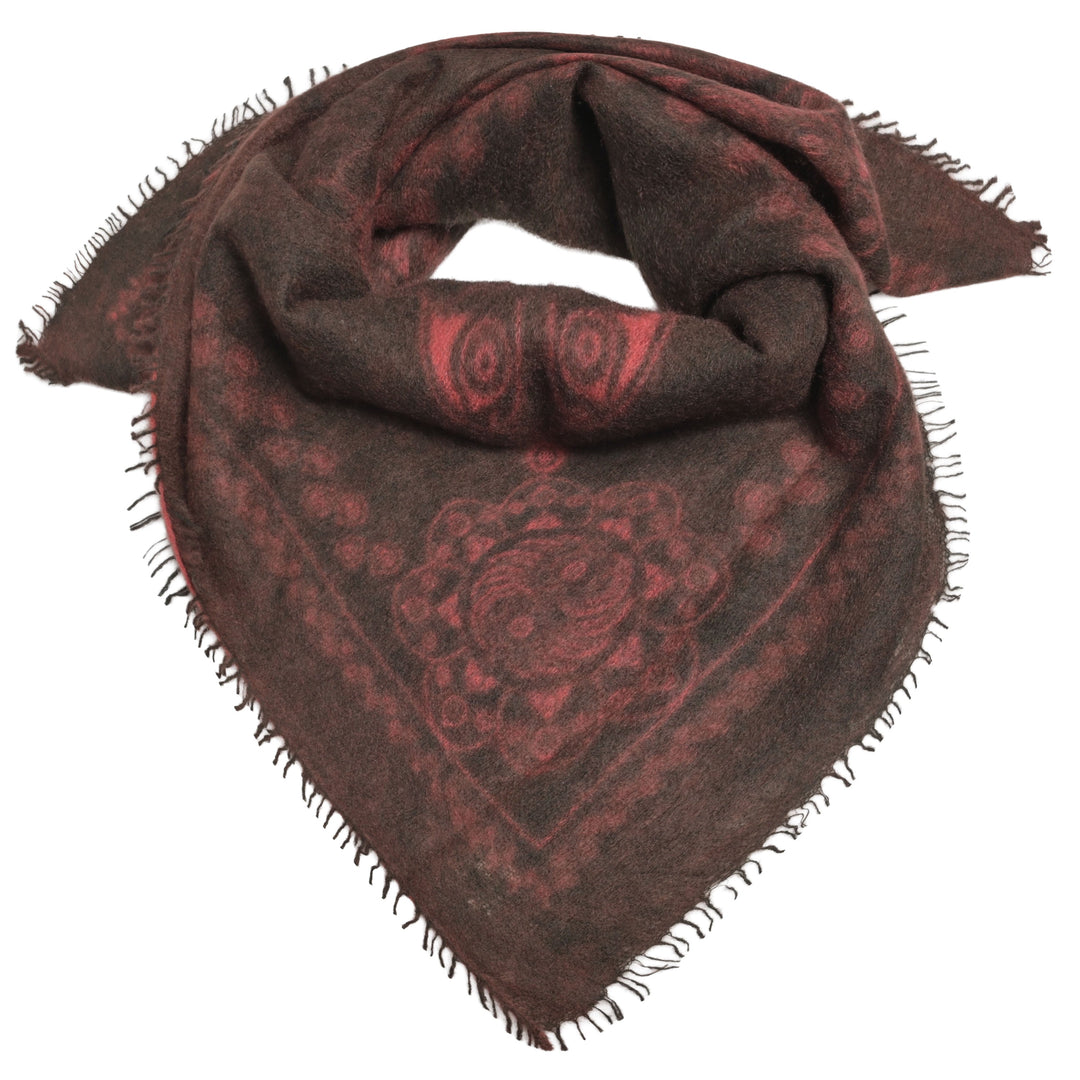 Feines Kaschmir Bandana aus 100% Light Cashmere mit kleinen Fransen und mit aufgedrucktem Ornament Muster in Coffee Bean, Dunkelbraun