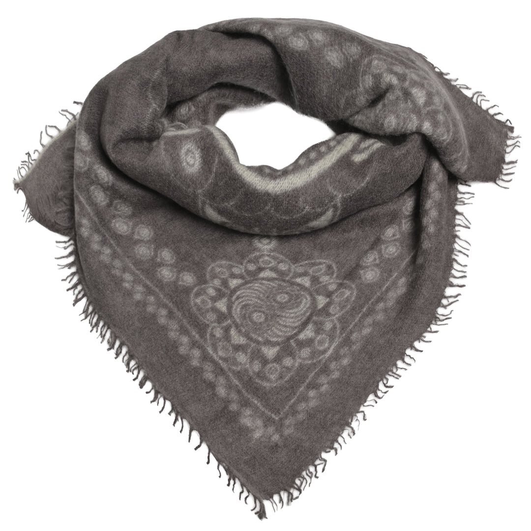 Feines Kaschmir Bandana aus 100% Light Cashmere mit kleinen Fransen und mit aufgedrucktem Ornament Muster in Dunkelgrau