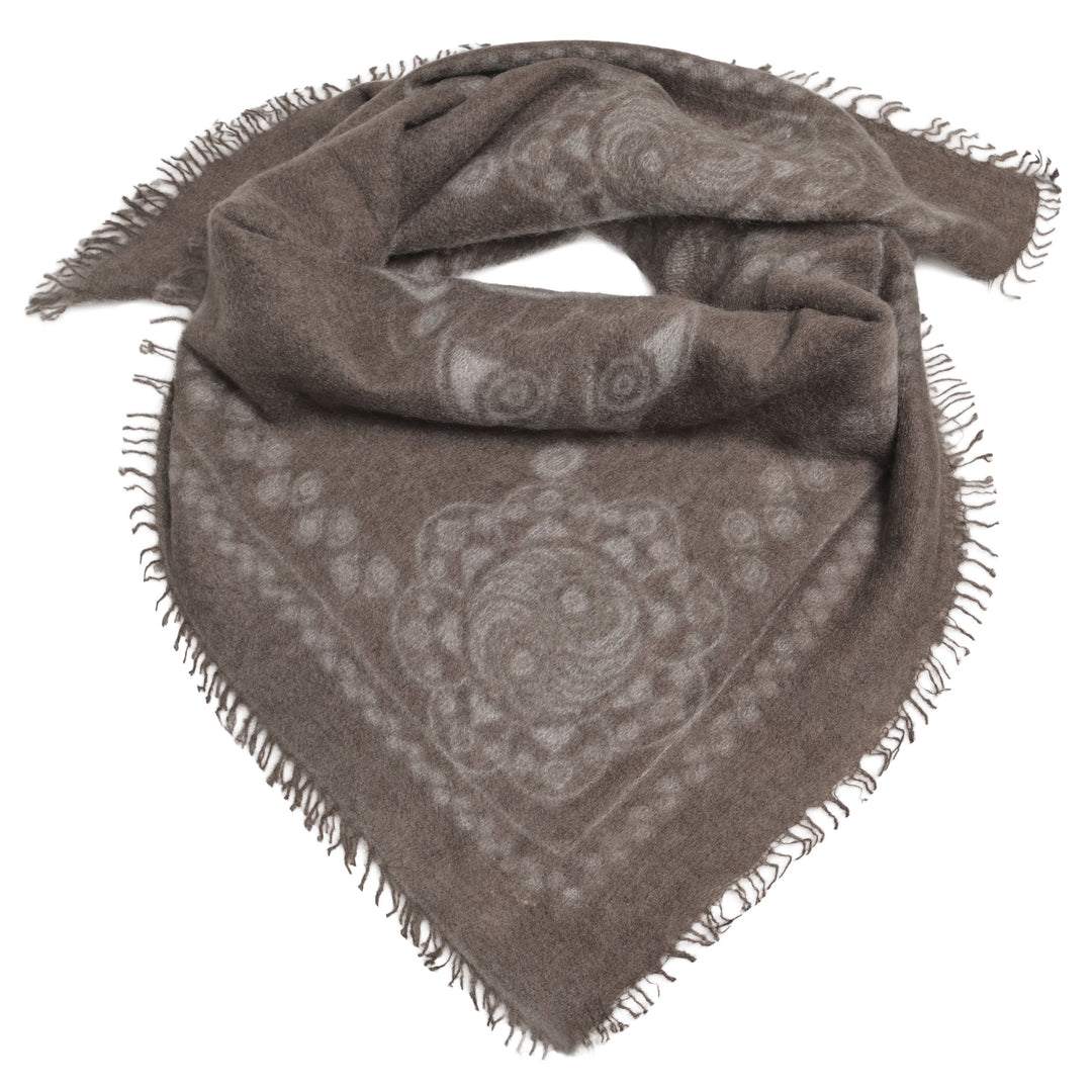 Feines Kaschmir Bandana aus 100% Light Cashmere mit kleinen Fransen und mit aufgedrucktem Ornament Muster in Alligator