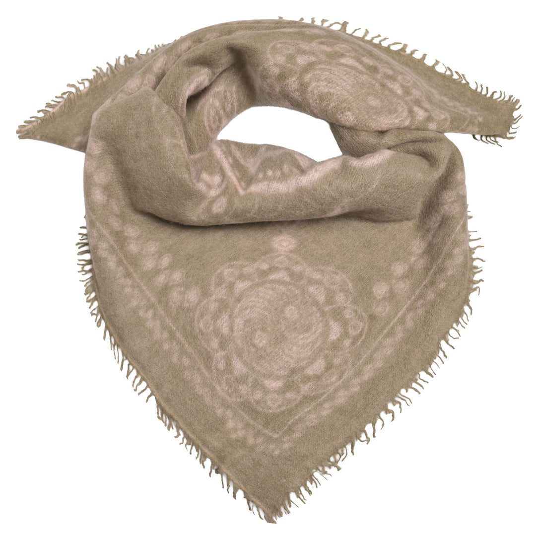 Feines Kaschmir Bandana aus 100% Light Cashmere mit kleinen Fransen und mit aufgedrucktem Ornament Muster in Hunter