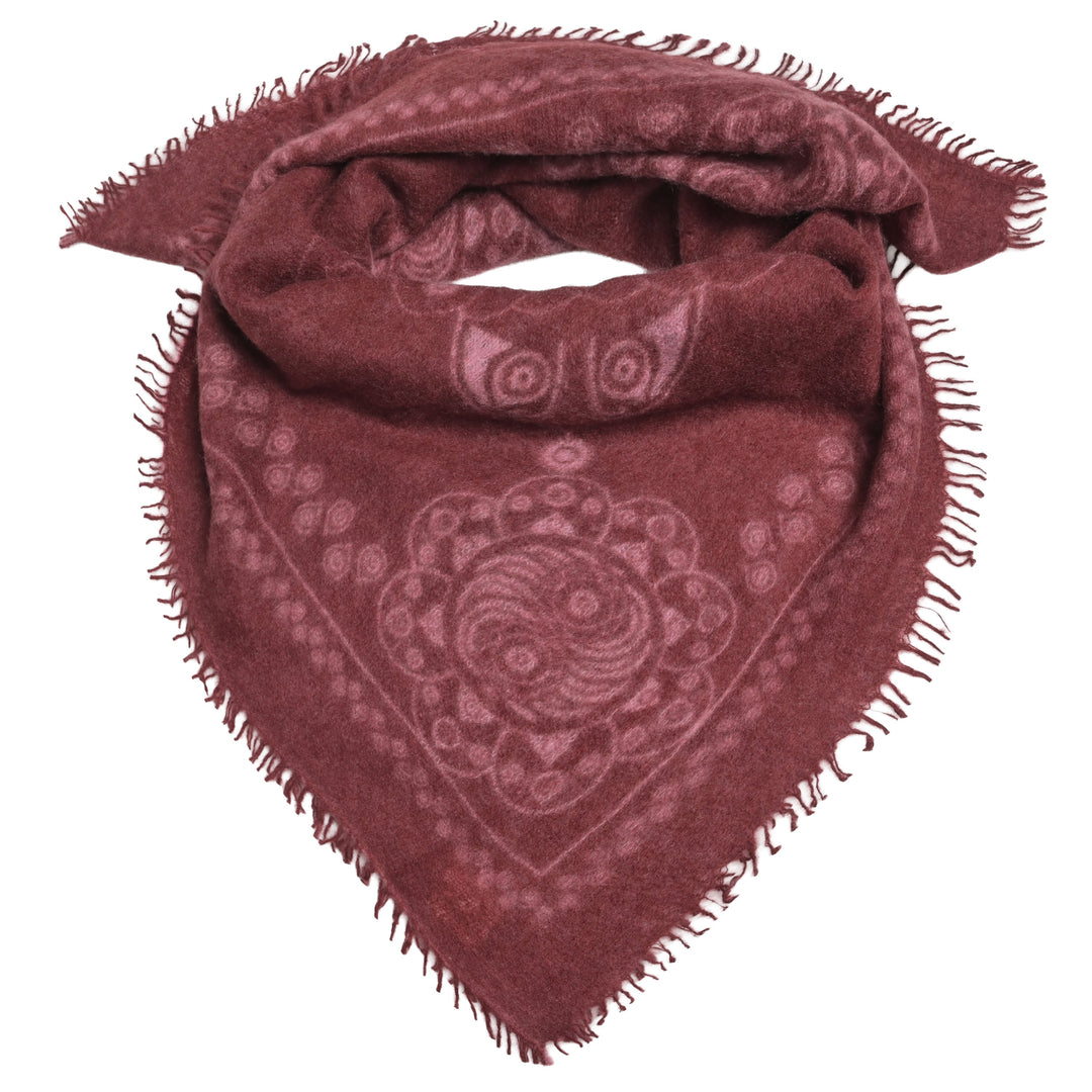 Feines Kaschmir Bandana aus 100% Light Cashmere mit kleinen Fransen und mit aufgedrucktem Ornament Muster in Pomegrenate