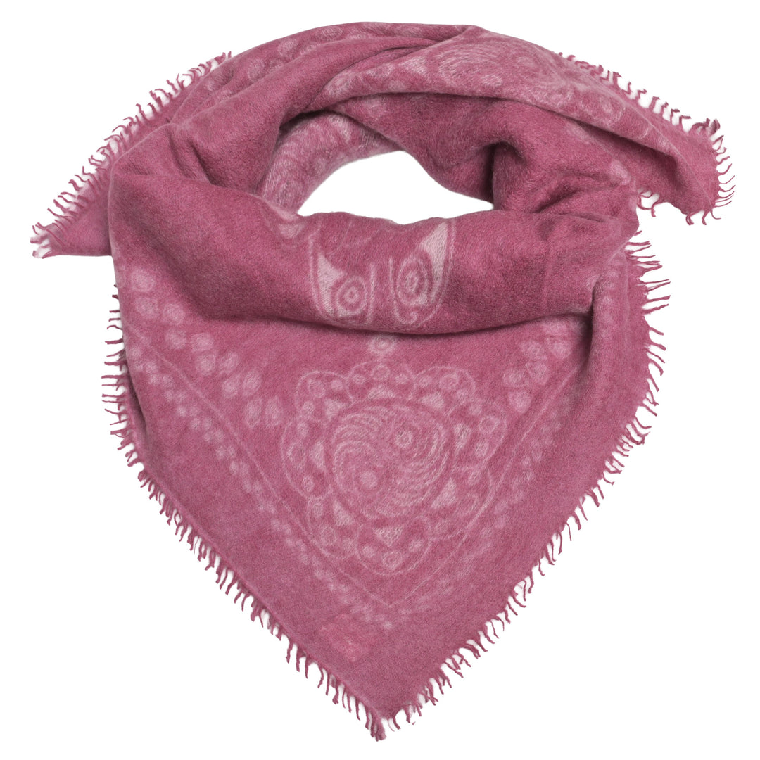 Feines Kaschmir Bandana aus 100% Light Cashmere mit kleinen Fransen und mit aufgedrucktem Ornament Muster in Sweet Grape