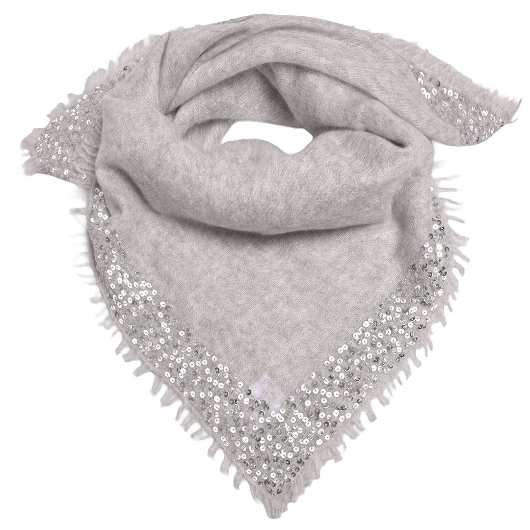 Luxuröses und quadratisches Tuch aus 98% reinem Kaschmir mit glitzernden Paillettenrand für Damen und für besondere Anlässe, Größe 65 x 65 cm, Hellgrau Meliert 
