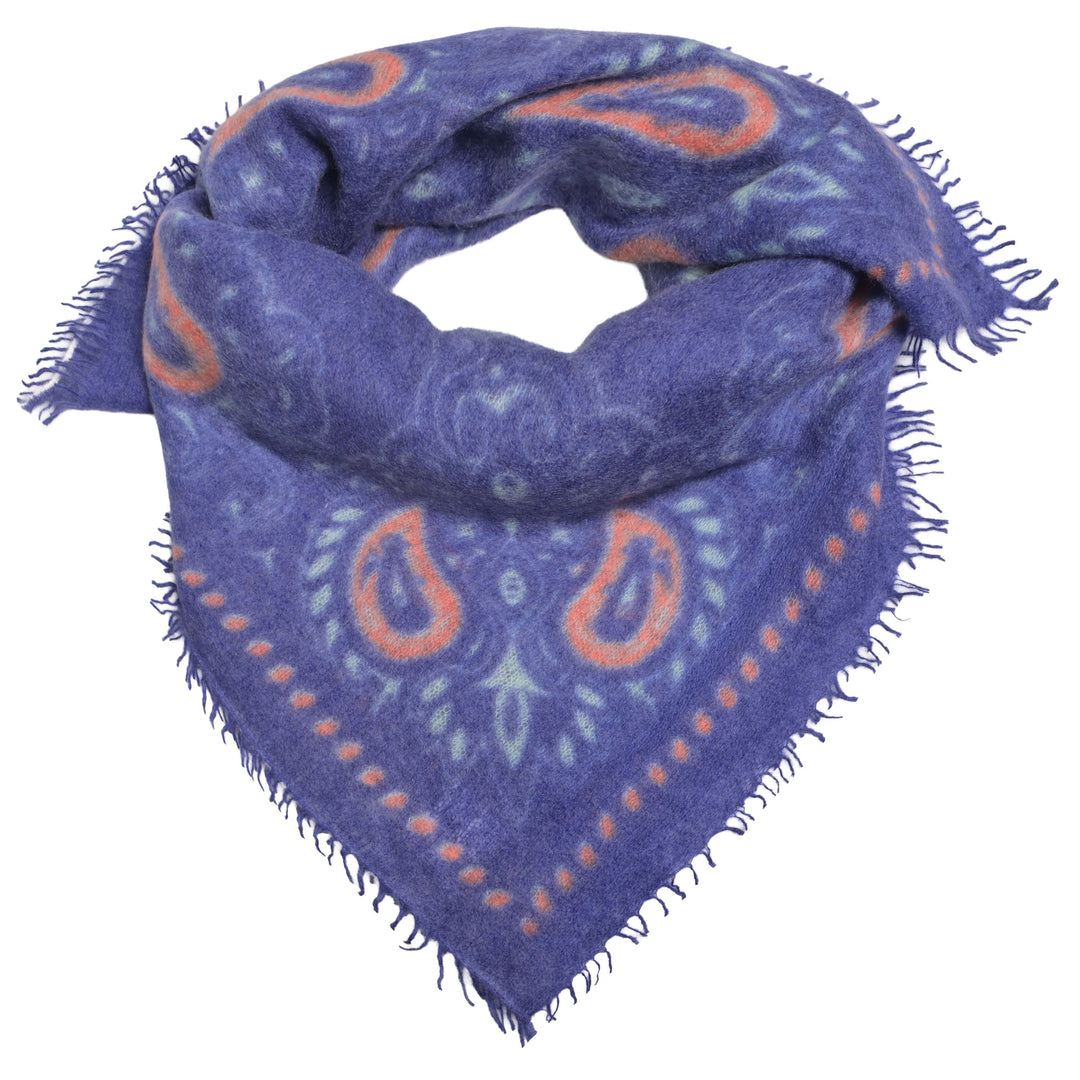 Blaues Kaschmir-Bandana mit Paisley-Muster aus 100% Light Cashmere mit kleinen Fransen im Größenformat 70 x 70 cm von cute stuff
