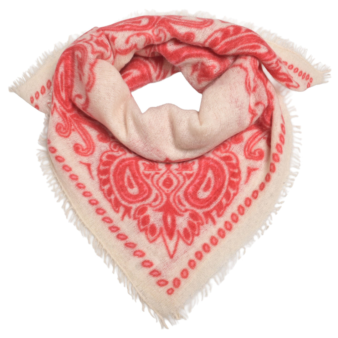 Cremefarbenes Kaschmir-Bandana mit Paisley-Muster aus 100% Light Cashmere mit kleinen Fransen im Größenformat 70 x 70 cm