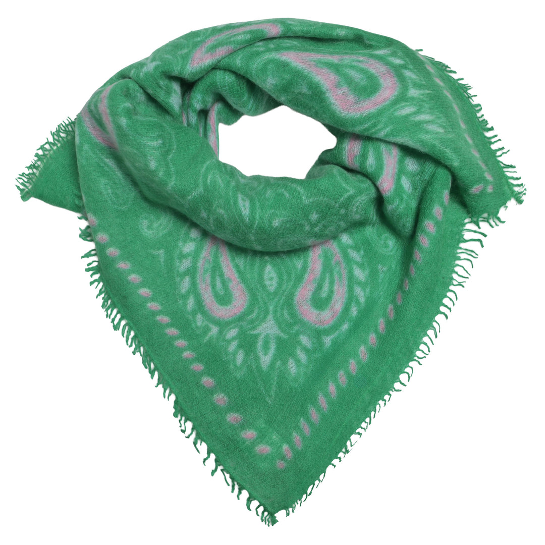 Grünes Kaschmir-Bandana mit Paisley-Muster aus 100% Light Cashmere mit kleinen Fransen im Größenformat 70 x 70 cm von cute stuff