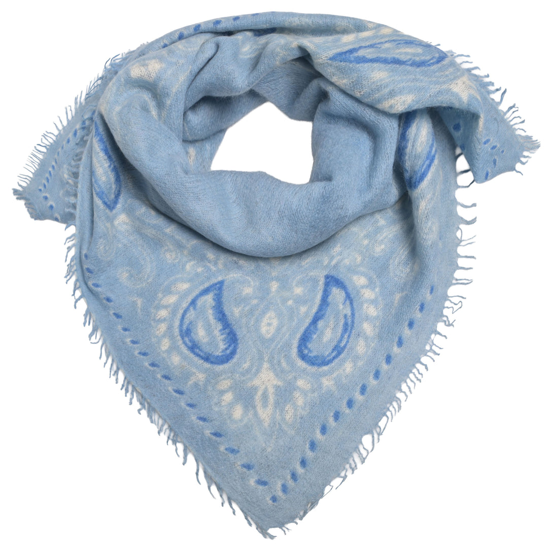 Hellblaues Kaschmir-Bandana mit Paisley-Muster aus 100% Light Cashmere mit kleinen Fransen im Größenformat 70 x 70 cm