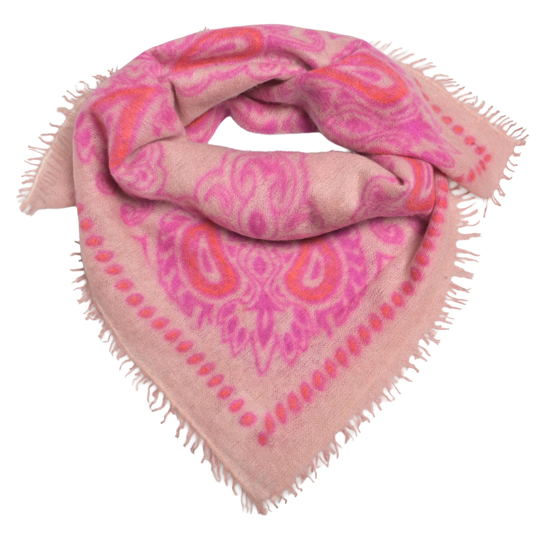 Rosafarbenes Kaschmir-Bandana mit Paisley-Muster aus 100% Light Cashmere mit kleinen Fransen im Größenformat 70 x 70 cm