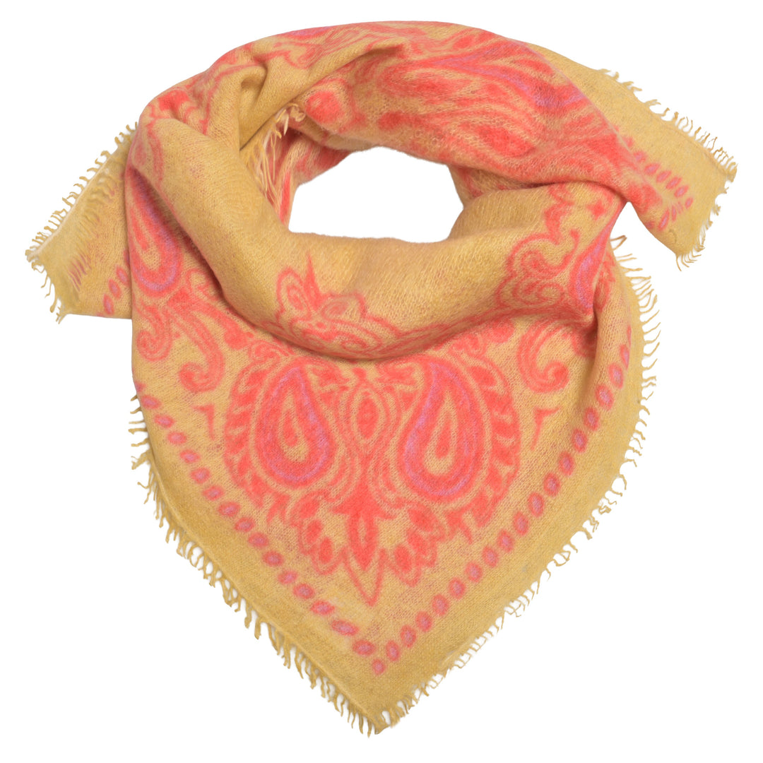 Gelbes Kaschmir-Bandana mit Paisley-Muster aus 100% Light Cashmere mit kleinen Fransen im Größenformat 70 x 70 cm