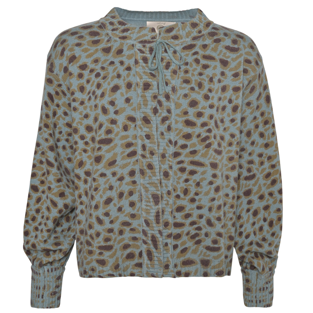 Weiche Strickjacke mit Leomuster in Petrol für Damen aus 100% Kaschmir, von cute stuff, Oversized-Schnitt