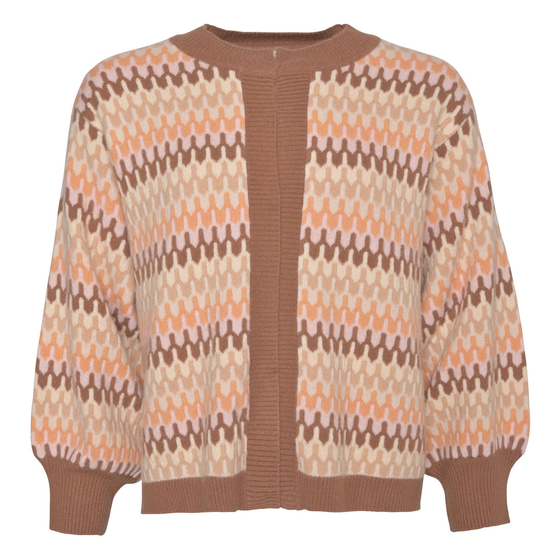 Weiche Strickjacke mit buntem Muster in Taupe für Damen aus 100% Kaschmir, von cute stuff, Oversized-Schnitt mit weiten Ärmeln
