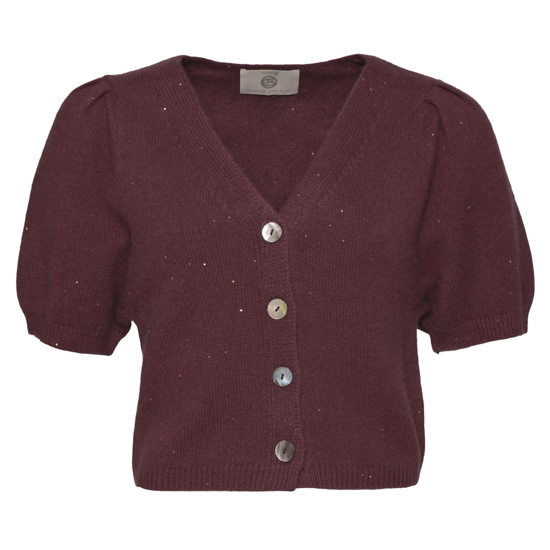 Brauner Kaschmir-Cardigan Luca-cs mit eingearbeiteten Pailletten, V-Ausschnitt, kurzen Ballonärmeln und Cropped-Schnitt