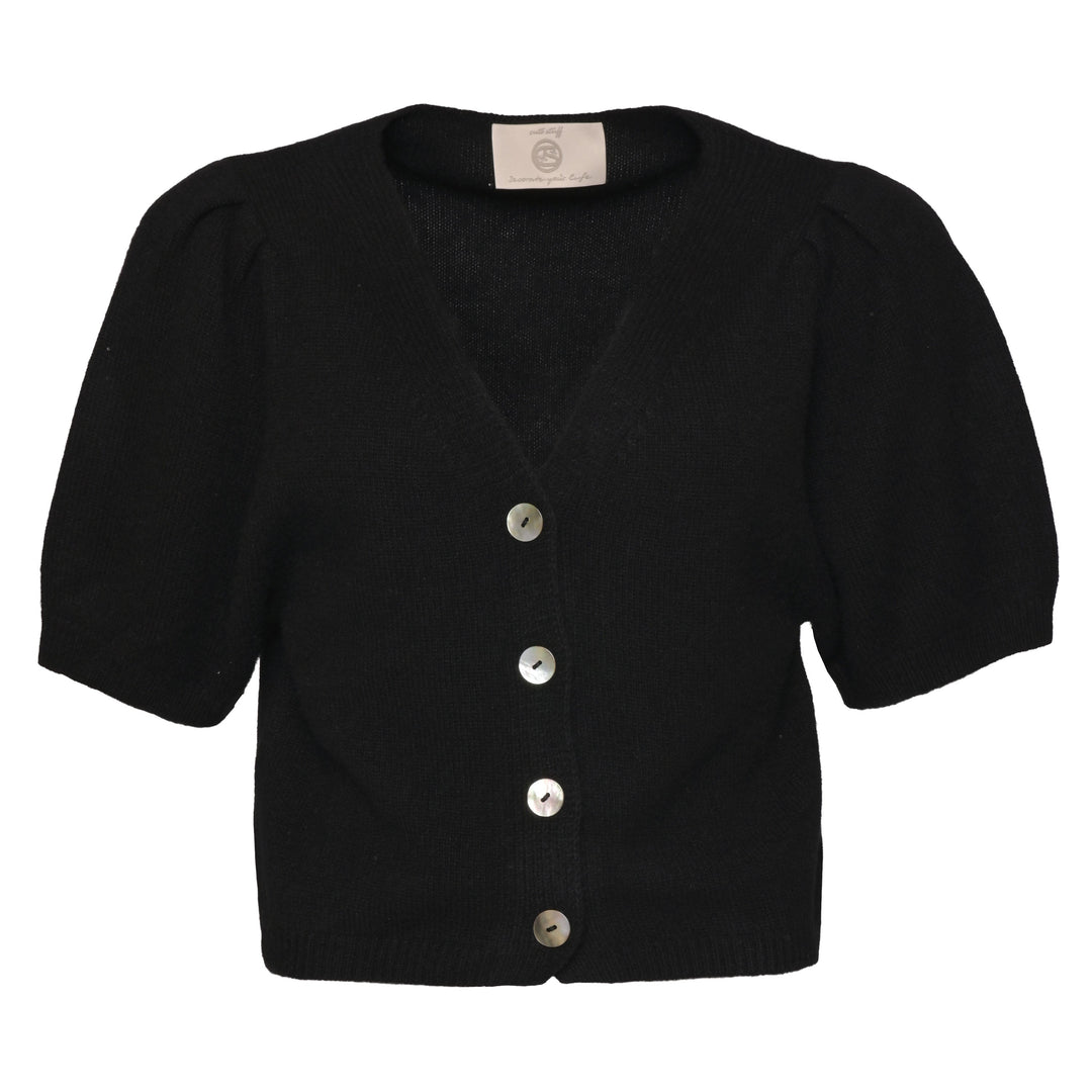 Schwarzer Kaschmir-Cardigan Luca-cs mit eingearbeiteten Pailletten, V-Ausschnitt, kurzen Ballonärmeln und Cropped-Schnitt