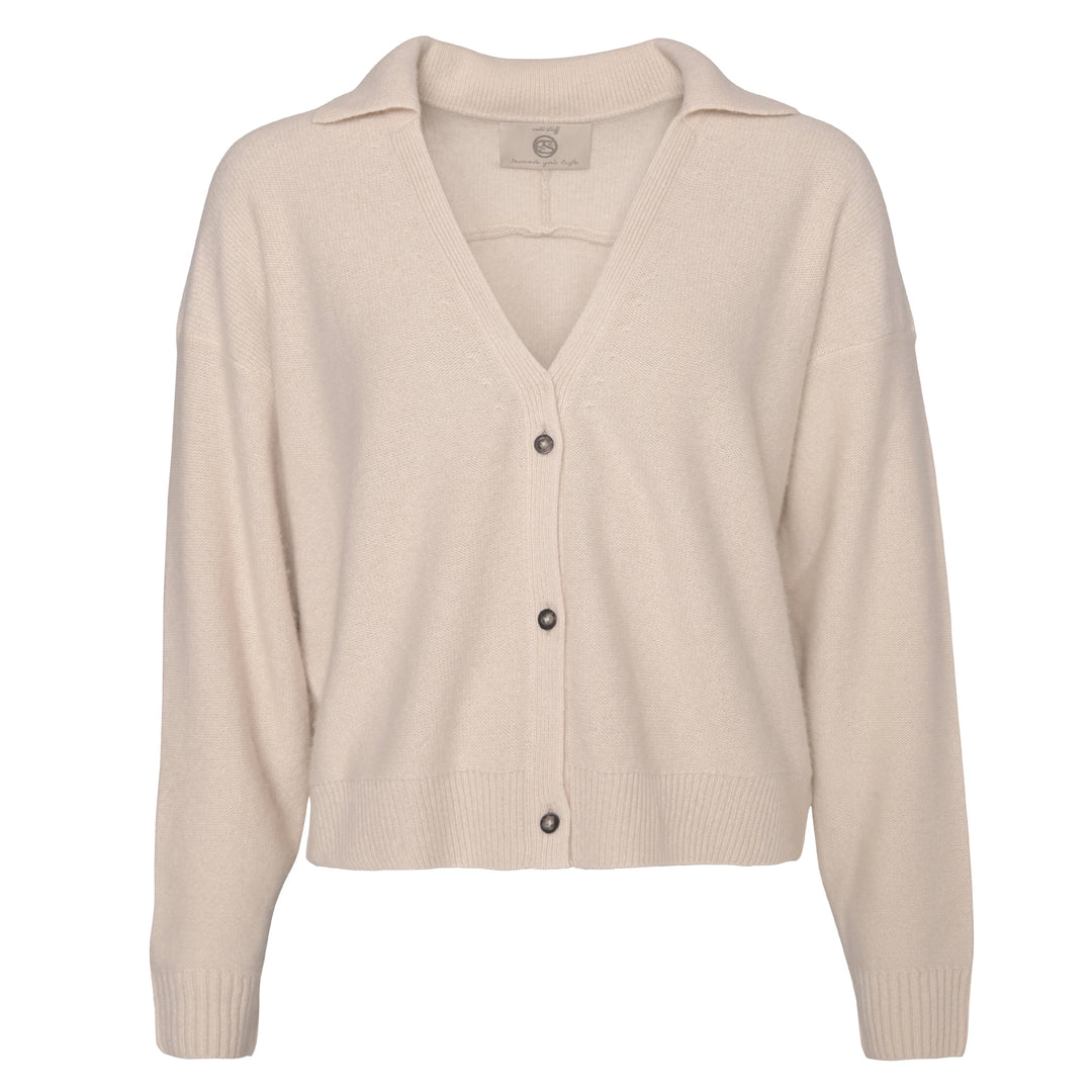 Damen Kaschmir Strickjacke Pauli‑cs mit V-Ausschnitt, Knopfleiste und dezentem Hemdkragen, aus 100% reinem Kaschmir von cute stuff, Farbe Creme