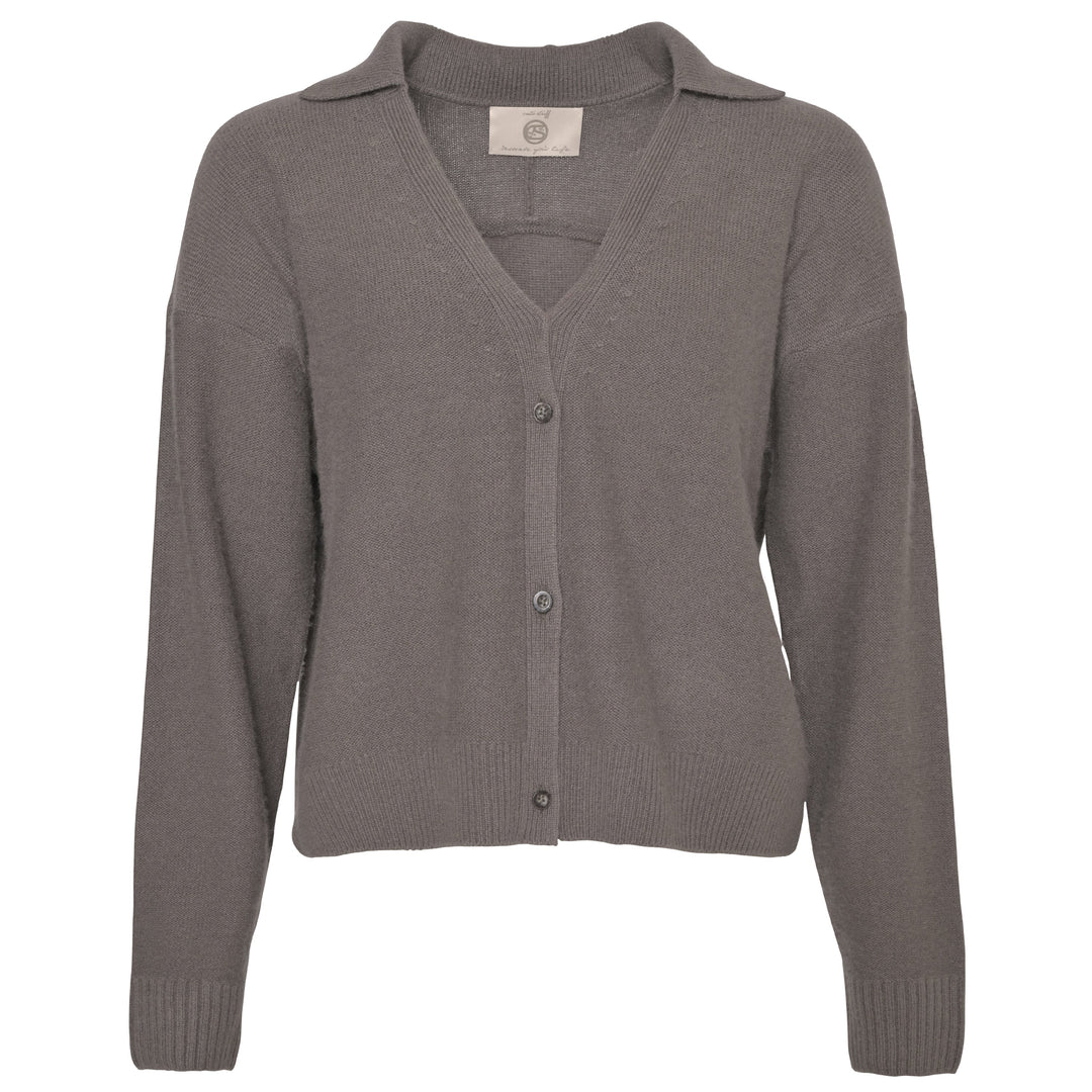 Damen Kaschmir Strickjacke Pauli‑cs mit V-Ausschnitt, Knopfleiste und dezentem Hemdkragen, aus 100% reinem Kaschmir von cute stuff, Farbe Grau