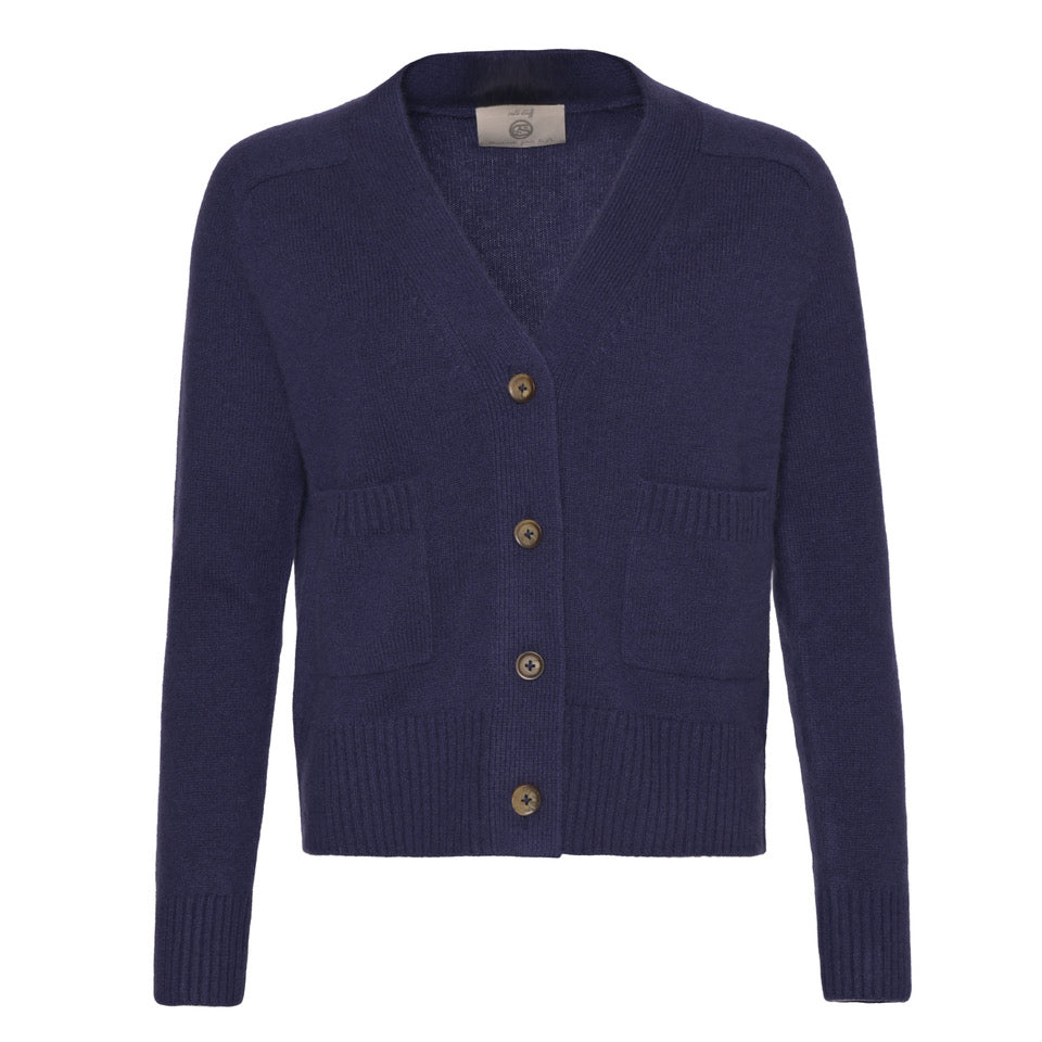 Kaschmir-Cardigan „Vera-cs“ aus 100 % Kaschmir in Purple Nights mit V-Ausschnitt, Knopfleiste und aufgesetzten Taschen von cute stuff