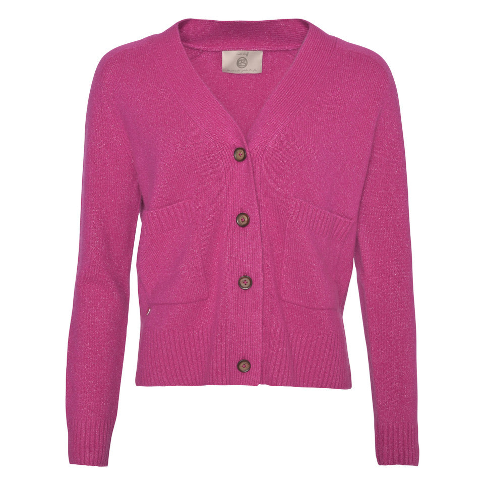 Kaschmir-Cardigan „Vera-cs“ aus 100 % Kaschmir in Wild Berry mit V-Ausschnitt, Knopfleiste und aufgesetzten Taschen von cute stuff