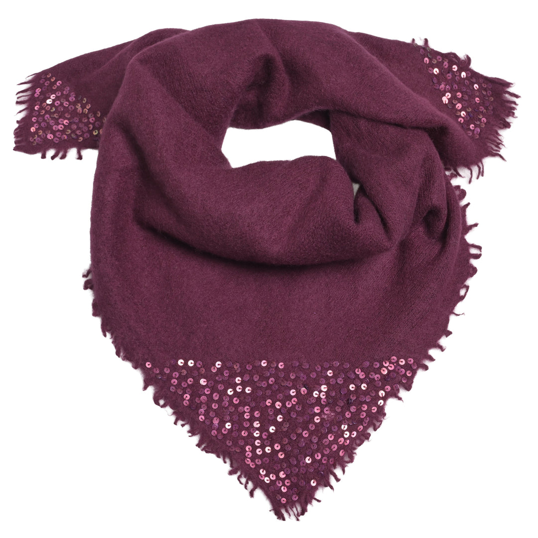 Luxuröses und quadratisches Tuch aus 98% reinem Kaschmir mit Pailletten für Damen und für besondere Anlässe, Größe 100 x 100 cm, Farbe: Aubergine