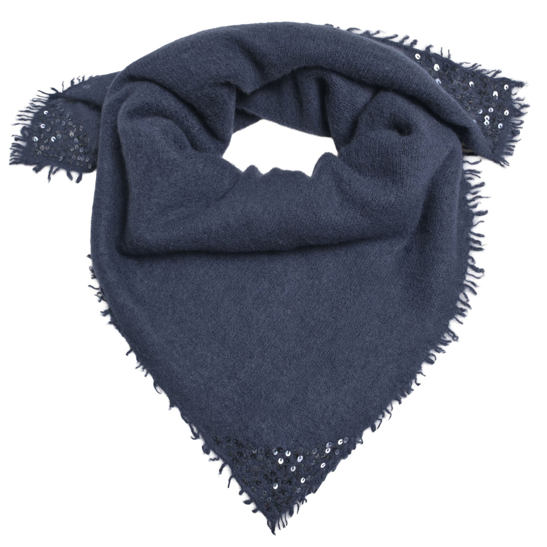 Luxuröses und quadratisches Tuch aus reinem Kaschmir mit Paillettenbesatz für Damen und für besondere Anlässe, Größe 100 x 100 cm, Farbe: Nachtblau, Dunkelblau