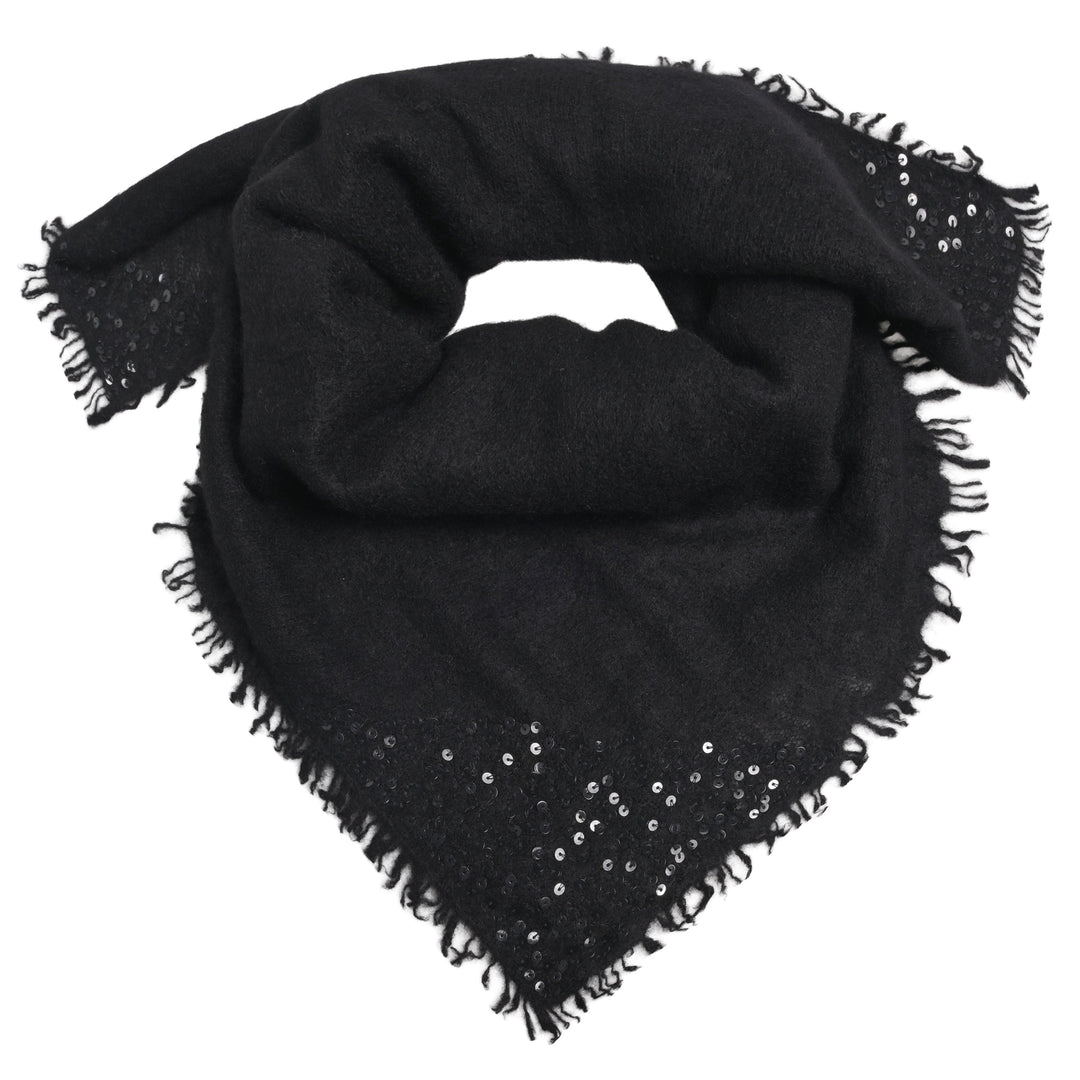 Luxuröses und quadratisches Tuch aus reinem Kaschmir mit Paillettenbesatz für Damen und für besondere Anlässe, Größe 100 x 100 cm, Farbe: Schwarz